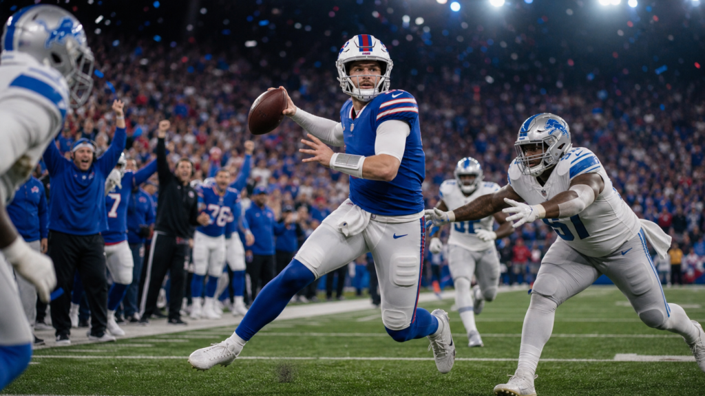 Buffalo Bills players celebrate after defeating the Detroit Lions 41-31