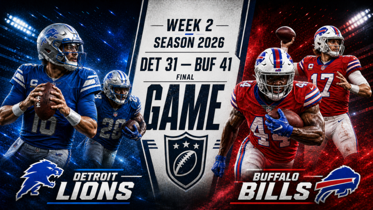A game-day image featuring the Buffalo Bills and Detroit Lions during their Week 2 NFL matchup. Buffalo defeated Detroit 41-31 behind a strong offensive performance led by Josh Allen.