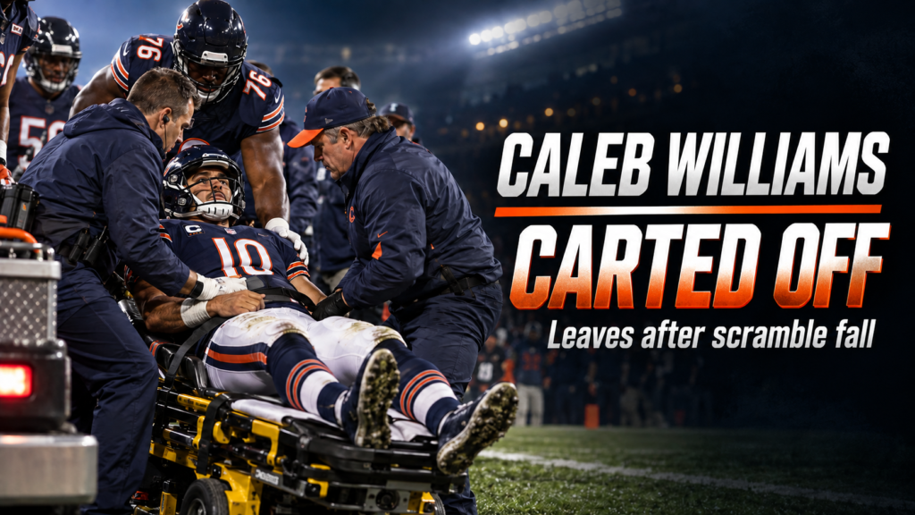 Caleb Williams being carted off the field at Soldier Field after suffering a right hamstring injury in the Bears' Week 2 loss to the Vikings