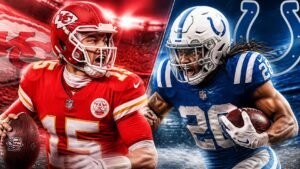 Chiefs vs Colts Week 2 preview graphic with kickoff time and score prediction