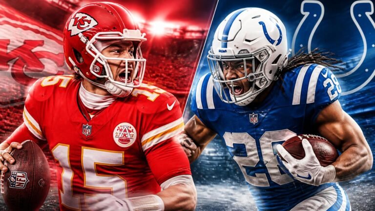 Chiefs vs Colts Week 2 preview graphic with kickoff time and score prediction