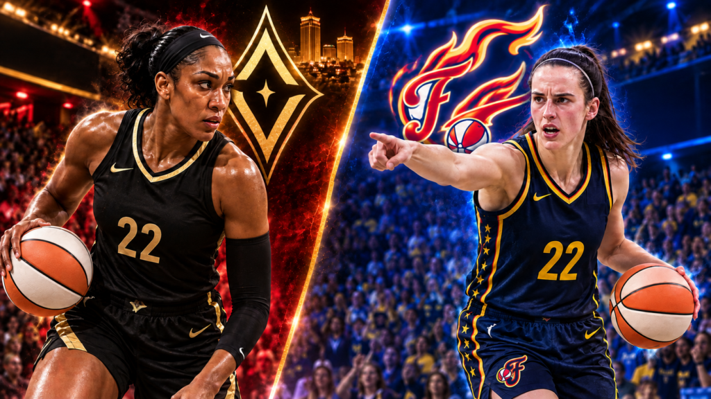 Caitlin Clark dribbling for the Indiana Fever against the Las Vegas Aces in WNBA Playoffs First Round Game 2 at Gainbridge Fieldhouse, September 29, 2026